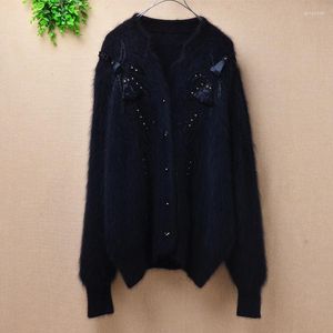 Women's Knits Top Quality Korea Women Vintage Plush Angora Fur Beading Floral Weave Knitted Long Sleeves Cardigans Sweater Coat