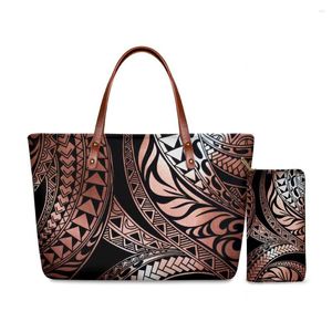 Seesäcke HYCOOL Polynesian Tribal Print Casual Tote Handtasche Frauen Luxus Handtasche Damen PU Leder Geldbörse Brieftasche Set 2 Stück Anpassen