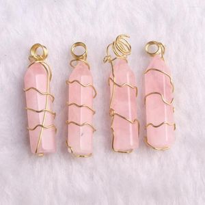 Anhänger Halsketten 6/12 teile/los Wrap Rose Quartzs Sechseckige Säule Halskette Naturstein Karneol Heilung Pendel Tropfen