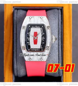 07-01 Baguette Diamonds Miyota Swiss Quartz Watch Womens Watches Paled Diamond Black Inner Skeleton Dial Red Rubber Strap Super Edition 6 Styles Puretime C3