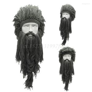 Berets Men Women Barbarian Viking Handmade Knit Wig Hat With Detachable Long Fake Beard Funny Crazy Halloween Cosplay Warm Beanie Cap