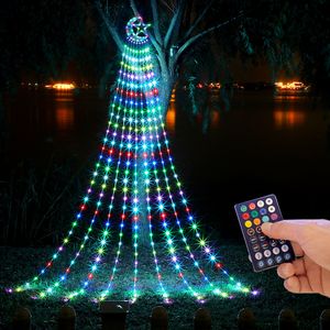 Weihnachtsbaumbeleuchtung, Wasserfall-Lichterkette mit Topper, Mond, Stern, Girlandenbeleuchtung für den Außenbereich