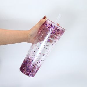 Tumblers de acrílico de 24 onças pré-perfuradas com tampa e palha do globo de neve Tumbler de parede dupla de tumblers de plástico transparente com orifício para DIY