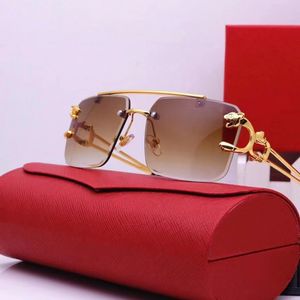 2023 Men Luxury Sunglasses Square Rimless Eyeglasses Metal Leopard Head Wood Grain Printing Temples