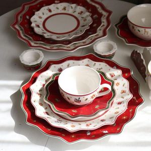 Plates Red Christmas Ceramic Tableware & White Patterns Hand-Stamped Holiday Design