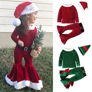 2022 Kış Çocuk Giyim Setleri Kızlar Karikatür Noel Üstleri Alevli Pantolon Şapka Çocuklar Uzun Kollu Giyim Seti Gençler
