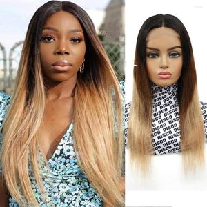 Colored 4x4 HD Transparent Lace Human Hair Wigs Ombre Brown Straight Closure Wig For Women Blonde Pre Plucked Remy