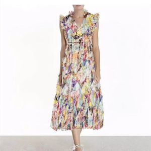 캐주얼 드레스 2022 다채로운 후광 염색 대비 대비 프린팅 나무 귀 레이스 업 V- 넥 플라잉 슬리브 드레스