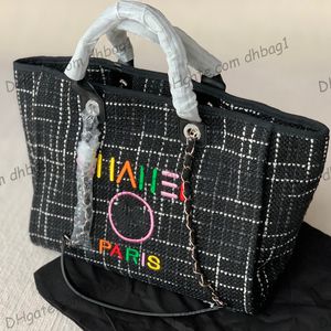 Designer Womens Tweed Beach Shopping Bags Large Capacity Deauville Silver Chain Strap Shoulder Luggage Top Handle Totes Colorful Letter Designer Handbags 38cm