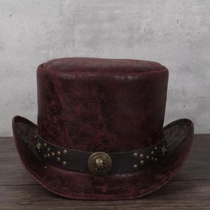 BERETS 3SIZE Women Men Leather Top Hat President Lday Fedora Magic Flat Steampunk Cosplay Pork Pie Party Caps Dropshiping 13cm