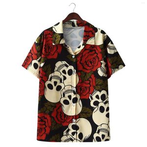 Camicie casual da uomo Skull Rose Stampa Uomo Manica corta Scollo a V Skeleton Beach Harajuku Camicetta hawaiana Chemise Homme Uomo