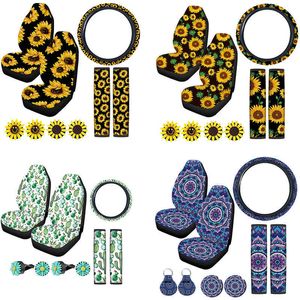 Car Seat Covers 9 Pieces Universal Sunflower Car Accessories Kit Include 2 Pieces Car Front Seat Covers Sunflower Steering Wheel C2135