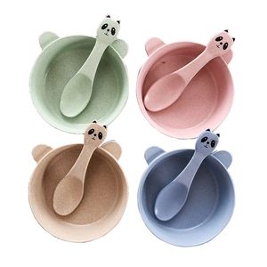 Baby Stuff Cartoon Panda Bowl Spoon Set Wheat Straw kid Feeding Solid Tableware Set Dishes Plates for Food Kitchen Gadget