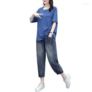 Women's Two Piece Pants Women's Summer 2022 Fashion Pieces Set Women Loose Tops Jeans Wide Leg 2 Sets Outfit Ladies Casual