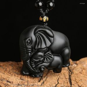 Hänge Halsband Djur Halsband Handarbete Naturlig Svart Obsidian snidad Mamma Baby Söt Elefant Män Amulett Lucky Smycken Kedja