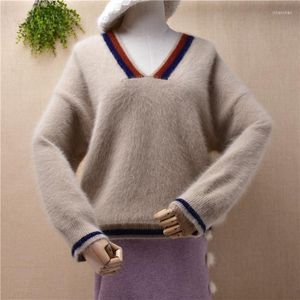 Damenpullover, lässig, modisch, für Damen, mit haarigem Angorahaar, gestrickt, V-Ausschnitt, lange Ärmel, lockerer Pullover, Pullover