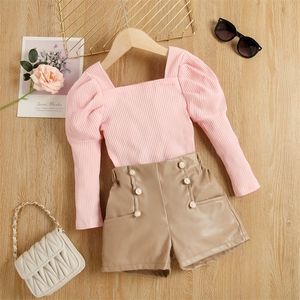 Roupas Conjuntos de roupas FocusNorm 1-6y Fashion Kids Girls 2pcs Roupas Solid Rod Ritbed Long Puff Slave Square Collar Topshigh Surfras de couro 221110