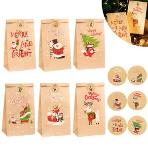 Gift Wrap 24Sets Merry Christmas Kraft Paper Bags Santa Claus Snowman Holiday Party Favor Bag With Stickers