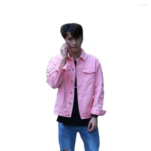 Herrjackor Fashion Spring Ripped Pink Denim Coat Men's Casual Classic Jacket Slim Fit Streetwear Plus Size Clothing