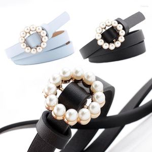 Belts 2022 Designer Thin White Black Red Pink Pu Leather Belt Rime Ladies Round Pearl Pin Buckle For Women Dresses Pants