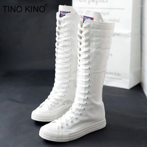 Boots Size 34-43 Women Canvas Lace Up Autumn Knee High Cross Tied Zip Plus Ladies Flat Shoes Female Fashion Casual Sneaker