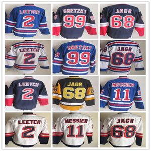 Vintage koszulki hokejowe NY 11 Mark Messier 99 Wayne Gretzky 68 Jaromir Jagr 2 Brian Leetch szyte mundury retro granatowy biały