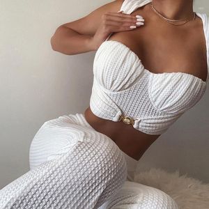 Women's Two Piece Pants Women Fashion Two-piece Slim Fit Set Sexy Low-cut Camisole Tank Tops With High Waist Flare Summer Outfit