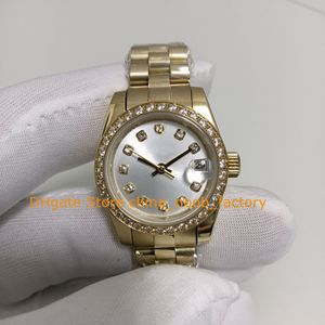 Na caixa Relógio feminino automático feminino 26 mm ouro amarelo 18 quilates mostrador prata bisel pulseira Ásia relógios mecânicos femininos femininos relógios de pulso