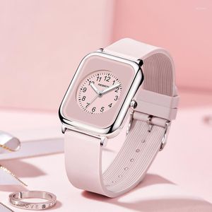 Wristwatches Square Women Rubber Watch Band Wrist Watches 2022 Pink For Ladies Feminino Women's Quartz