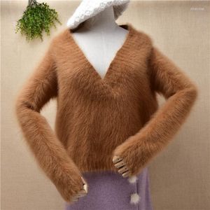 Maglioni da donna Donna Moda Donna Peloso Peluche Visone Cashmere Lavorato a maglia Maniche lunghe Profondo scollo a V Pullover corto allentato Maglione in pelliccia d'angora