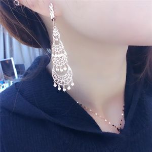 Ohrhänger, 585er-lila vergoldet, 14 Karat Rose, glänzende Fransen, Tropfenform, lang, für Damen, Verlobung, Hochzeit, luxuriöser marokkanischer Schmuck