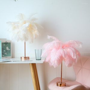 Table Lamps DIY Ostrich Feather Lamp Remote Control LED Bedside Light For Kids Children White Shade Bedroom Night Stand