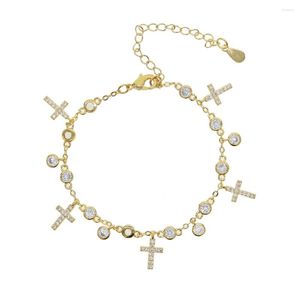 Bangle Charm Chain Bracelet For Women Girl Gift Drop Cross Round Cz Paved Silver Color Adjust Charming Jewelry