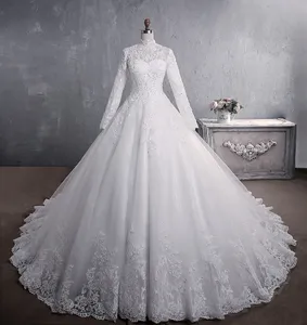 Africano Dubai Elegante maniche lunghe A-Line Abiti da sposa Sheer Collo alto Appliques in pizzo Perline Vestios De Novia Abiti da sposa con bottoni Taglie forti