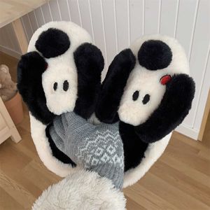 Slippers 2022 New Animal Slipper for Women Girls Fashion Kawaii Fluffy Winter Warm Slippers Woman Cartoon Black Dog House Slippers G221110