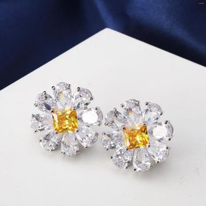 Stud Earrings Luxury Gold Cubic Zirconia Large Flower For Women Fashion Shiny Classic Botanical Jewelry Bridal Accessories