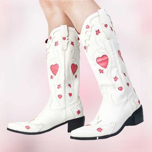 Boots INS Hot Vintage Cowboy Cowgirl Boots Women Chunky Heels Heart Sweet Autumn Winter Western Mid Calf Boots Shoes Woman Big Size 48G221111