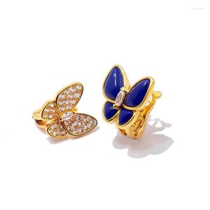 Stud Earrings Fashion Copper Gold Plated Jewelry Exquisite Simple Metallic Lapis Lazuli Diamond Double Butterfly