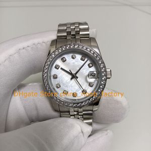 Damer Automatisk Titta på kvinnor med Box 31mm White Mop Mother Pearl Dial Diamond Bezel Asia 2813 MEKORISKA LADY KVINNERVÄRDER