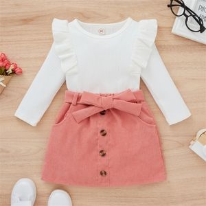 Одежда наборов Citgeett Spring Toddler Mabd Girls Ottand вязаные ребристые оборки с длинными рукавами вершины сплошные кнопки