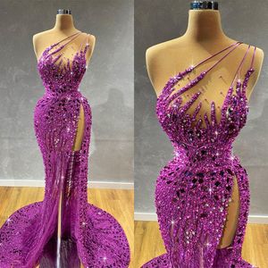 Mermaid Luxurious Pearls Evening Dresses One Shoulder Crystal Beads Prom Dress Sexy Illusion Split Formal Party Gowns Custom Made