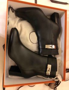 Botas de tornozelo femininas botas de sapato elegante marcas famosas saltos grossos marca senhora festa de casamento combate preto couro marrom com caixa eu35-41