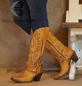 Boots Embroidered Western Boots For Women Cowboy Cow Girls Big Size 46 Pointed Toe Chunky Heel Knee High Boots Fashion ShoesG221111