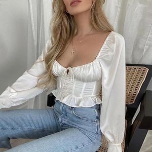 Women's Blouses Foridol Elegant Long Sleeve Satin Summer Blouse Shirt Women Lace Up Front Crop Top White Short Tops 2022 Blusas De Mujer