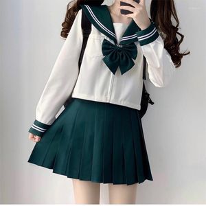 Roupas conjuntos de escolas japonesas jk uniforme menina s-xxl kawai arco verde marinheiro camisa pescoço de saia plissada feminino