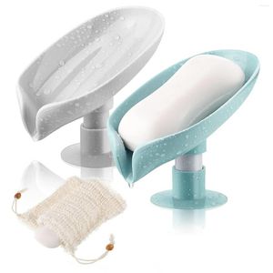 Soap Dishes 4PCS Leaf Shape Dish And Sisal Bags Self Draining Saver Bathroom Shower Plastic Bar Holder With Suction Cup