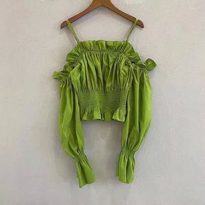 Women's Blouses High Quality Cotton 2022 Spring Summer Fashion Green Tops Ladies Spaghetti Strap Elastic Pleated Deco Long Sleeve Blouse