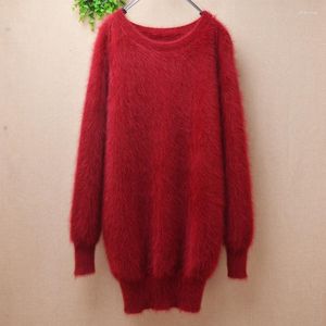 Damenpullover, Damenmode, mittellang, haarig, Nerz, Kaschmir, gestrickt, O-Ausschnitt, lockerer Pullover, Angora-Haarpullover, Pulloverkleid