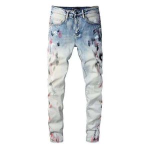 Mäns jeans amri rippade byxor mode hip hop 2022 slitage version high street blå mark vit färgpunkt smal fit mikro elastisk stor 819 denim fm3c