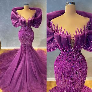 Graceful Purple Mermaid Evening Dresses V Neck Pearls Prom Dress Elegant Lace Beading Tulle Formal Party Gowns